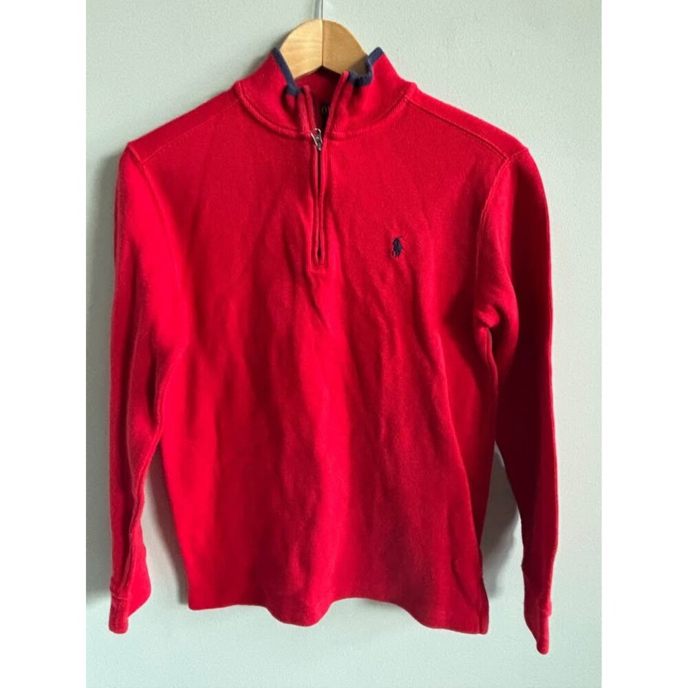 Polo Ralph Lauren Boys Quarter-Zip Pullover Sweater Red Blue Trim Size L 14-16